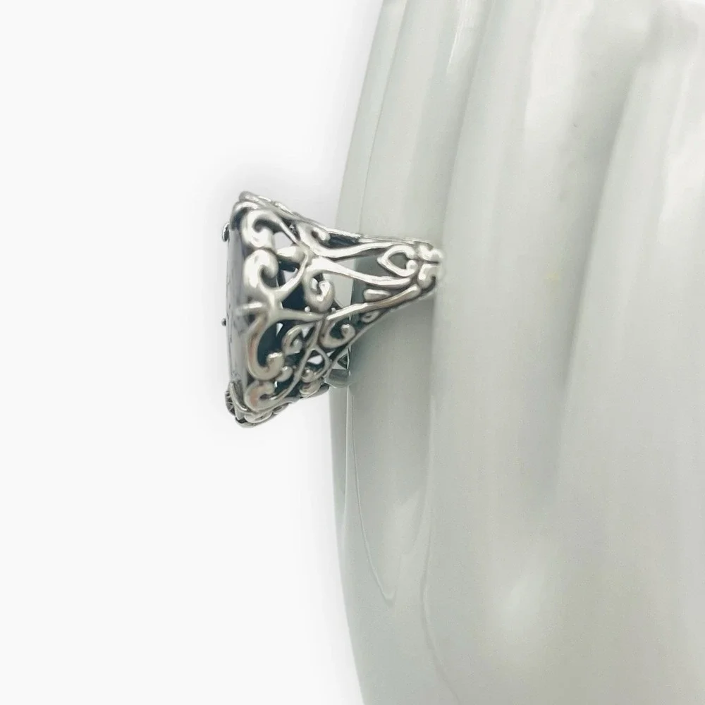 G 925 Sterling Silver Ring Large Abalone Paua Shell Scrollwork Raised Sz 7.75